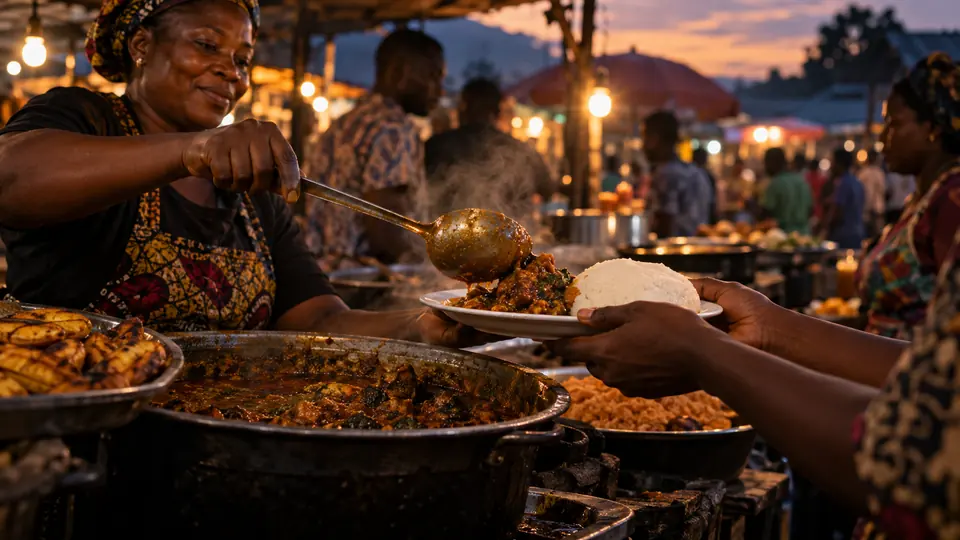 Friends sharing a meal at a cultural event