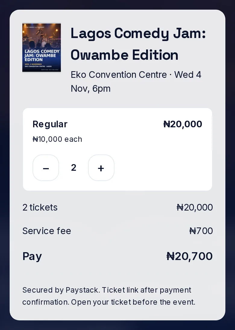 WapGate checkout summary: two Regular tickets, the service fee and the total to pay.