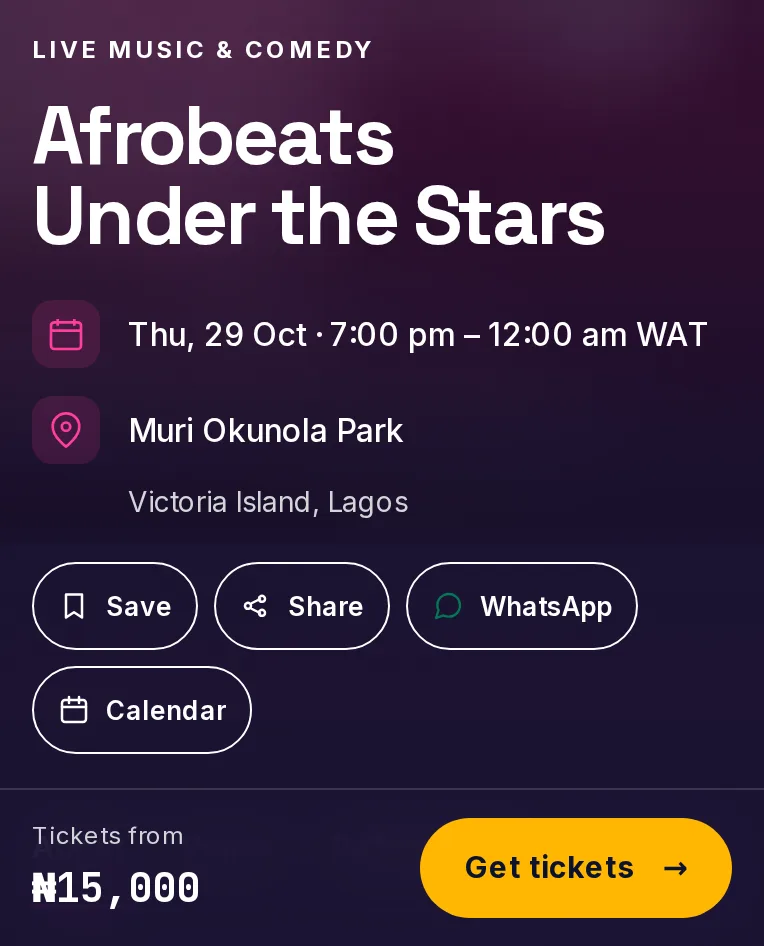 The top of a WapGate event page: the title, date, venue, share buttons and Get tickets.