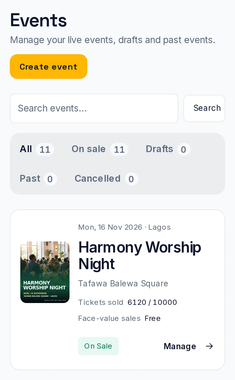 The WapGate events list on a phone: search, status tabs and an event with its tickets sold.