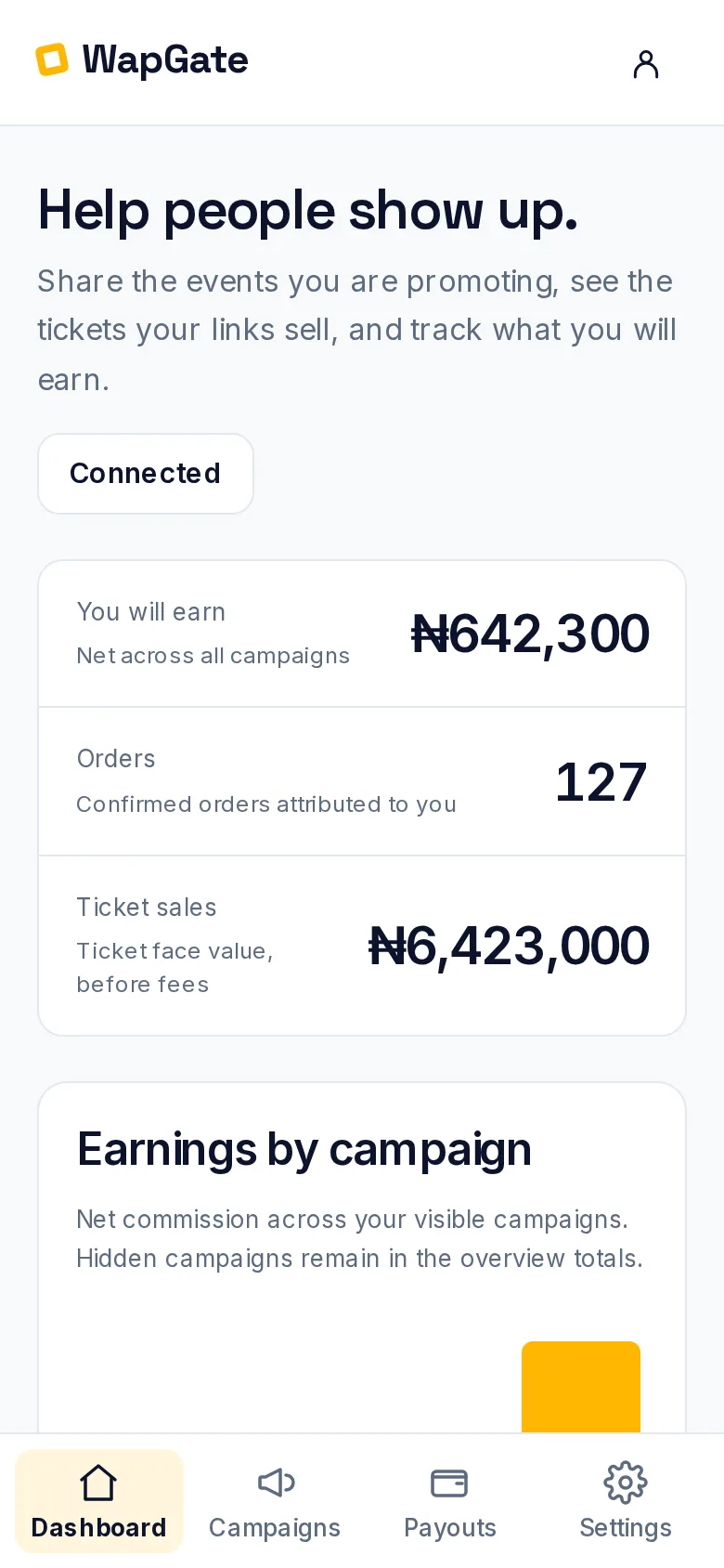 The WapGate promoter dashboard on a phone: what you will earn, orders from your links and ticket sales.